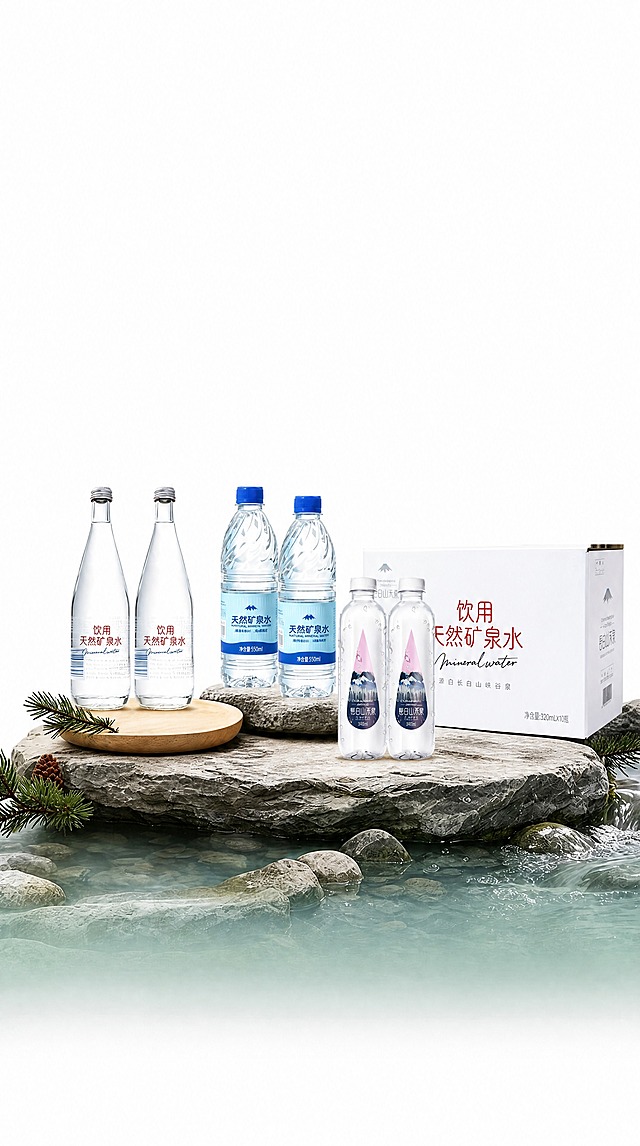 重新摆放图中所有矿泉水产品和整箱包装的位置，使其排列自然美观、错落有致、层次分明，产品之间留有合理物理空间，无穿模重叠；完整保留所有产品的外观、瓶身标签文字、颜色、材质、比例与包装信息，与原图完全一致；画面上方及四周的空白区域统一补充为纯净白色背景，产品底部保留原图的岩石水面承载场景，光影透视统一，整体干净清爽，电商产品展示风格，4K超写实摄影质感。