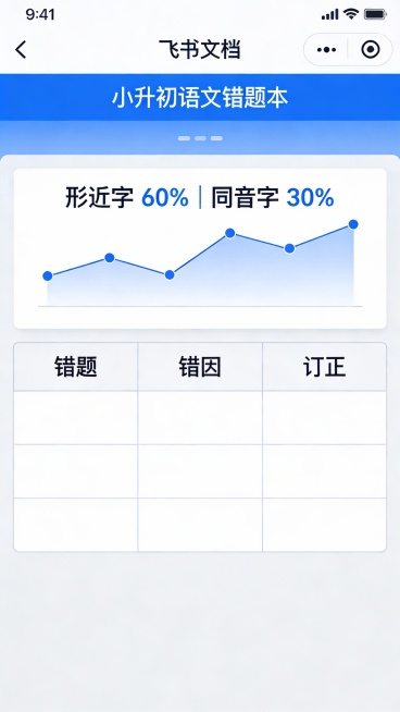 Screenshot-style mockup of Feishu Doc: "小升初语文错题本". Shows auto-chart: "形近字 60% | 同音字 30%". Table with预览效果