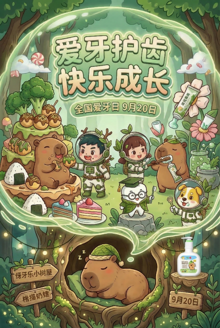 将伢牙乐卡皮巴拉联名按压牙膏合理融入画面，可以作为卡皮巴拉的洗漱用品放置在树洞内洗漱区域，不要过于隐蔽，保留原构图：卡皮巴拉在树洞睡觉，链接出美食世界梦境，先吃东西后刷牙，爱牙日主题，清新绿色调，格林预览效果