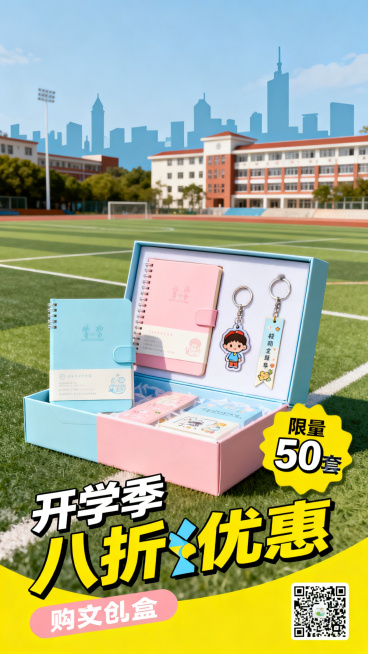青春活力风格校园定制文创礼盒促销海报，包含文创礼盒，内含笔记本，钥匙扣，书签，醒目标注促销文案“开学季八折优惠”“限量50套”，预留购买二维码位置，面向在校大学生，活力青春校园色调，设计简洁醒目，信息预览效果