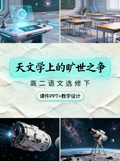 上区1/8是未来科幻风高中语文课堂，有全息投影、智能课桌；中区3/8是独立淡青色背景，第一行色框填充未来感手写字体的"天文学上的旷世之争"，第二行每个文字居中排布的"高二语文选修下"，第三行圆角矩形框预览效果