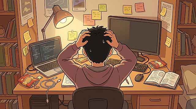 卡通插画，一个年轻男性学生坐在宿舍书桌左前方，背对镜头，双手抓着自己的短黑发，表现出困惑和压力的情绪。坐在木质书桌前。桌面上摆放着一台打开的笔记本电脑、一个显示器、键盘鼠标、几本打开的书籍、零食包装和各种充电线。书桌凌乱，书架、墙上贴着便利贴，整体氛围温馨但略显凌乱。温暖的台灯光线照亮桌面。画面采用卡通风格，色调温暖，光线柔和，体现大学生活的真实状态。