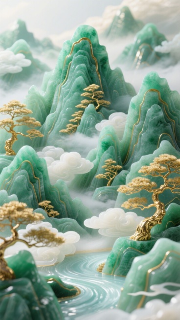 新中式玉雕山水艺术，以青绿色玉石质感塑造层峦叠嶂的山峰，表面用鎏金线条勾勒轮廓与纹理，点缀金色松树，搭配乳白半透明的云雾和水流，营造温润典雅、富有东方禅意的立体浮雕意境预览效果