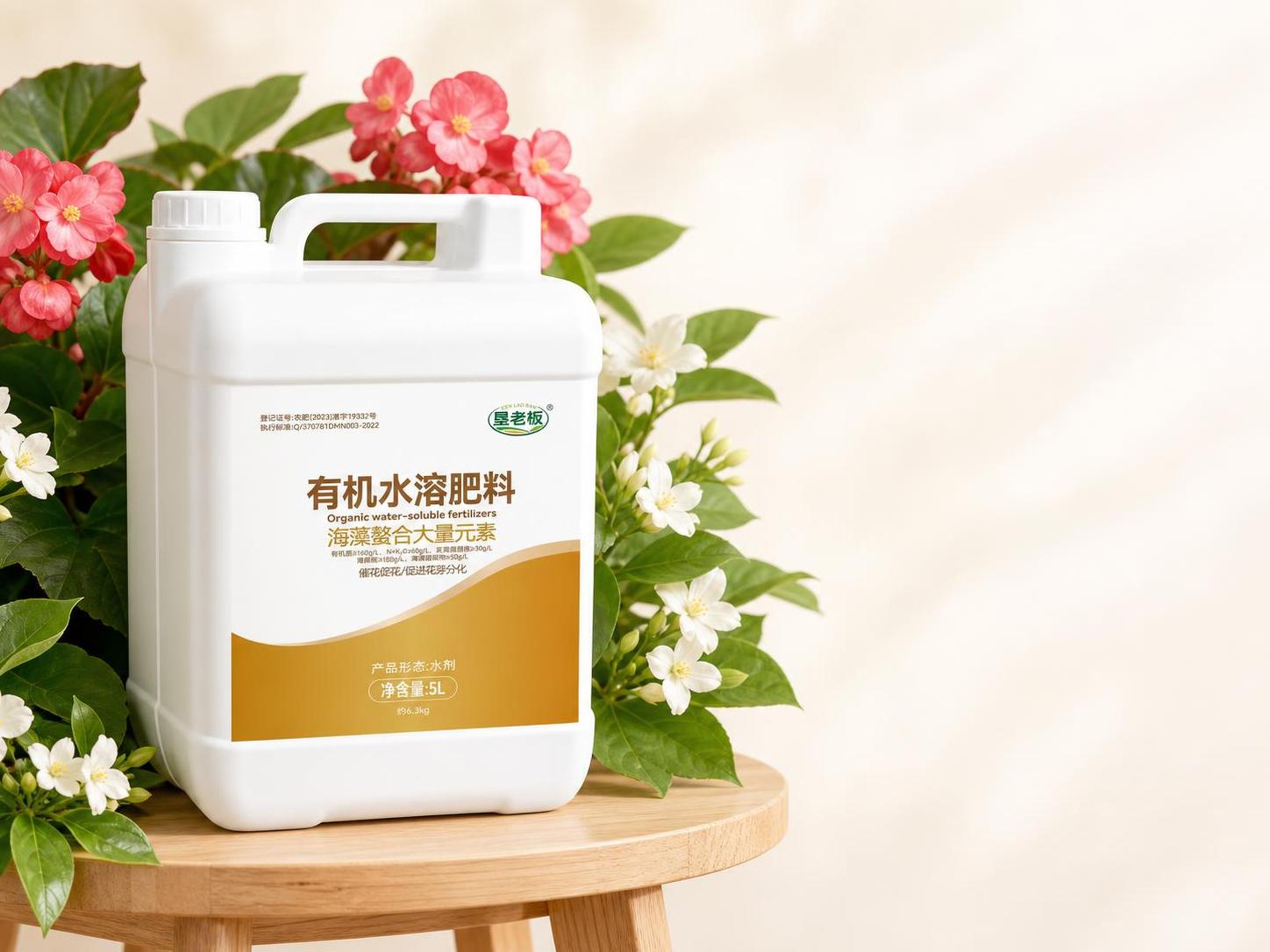 浅色柔和背景，左半部分放置垦老板有机水溶肥料产品瓶，产品瓶下方… - 图片创意预览