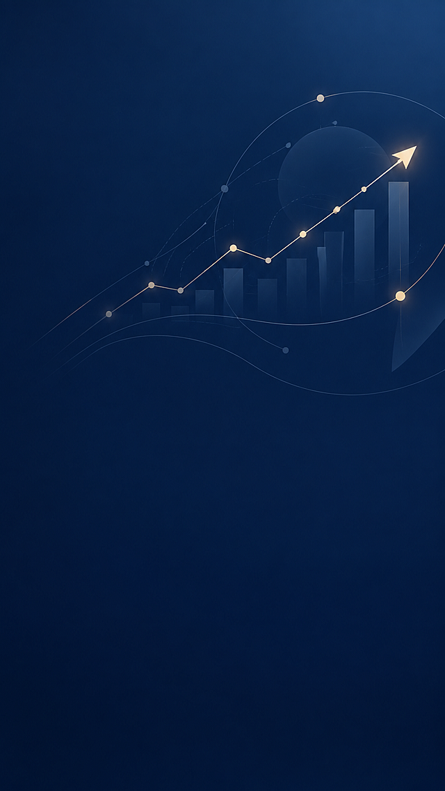 Deep blue background, minimalist business style. Vertical composition. Large blank space reserved at the bottom of the image for title text. An abstract thinking graphic in the upper middle-right area, such as rising line chart, connected nodes or industry map lines. Small amount of warm white lighting accents, light gray lines, clean and restrained. Overall feeling: rational, deep, industry judgment. No people, no real photos, no complex illustrations. Professional and concise visual style.
