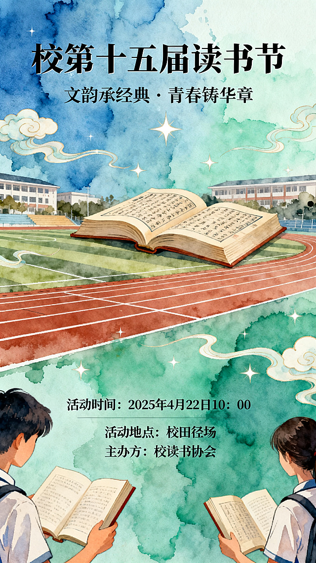 竖版校园读书节宣传海报，轻国潮新中式风格，蓝绿色水墨渐变主色调，融入翻开的古籍书页，飘逸的云纹，星光与校园跑道元素，线条干净雅致，既有书卷气又不失青春活力。画面中有学生手拿书籍，背景为学校田径场。海报上包含清晰可识别的中文文字："校第十五届读书节" "文韵承经典·青春铸华章" "活动时间：2025年4月22日10：00" "活动地点：校田径场" "主办方：校读书协会"