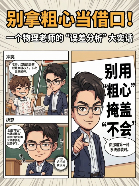 漫画封面设计，左右分栏拼图，左侧放提供的第一幅漫画图，右侧放提供的第二幅漫画图。上方添加醒目的大字体主标题："别拿粗心当借口！"，主标题下方添加副标题："一个物理老师的'误差分析'大实话"，整体是Q版预览效果