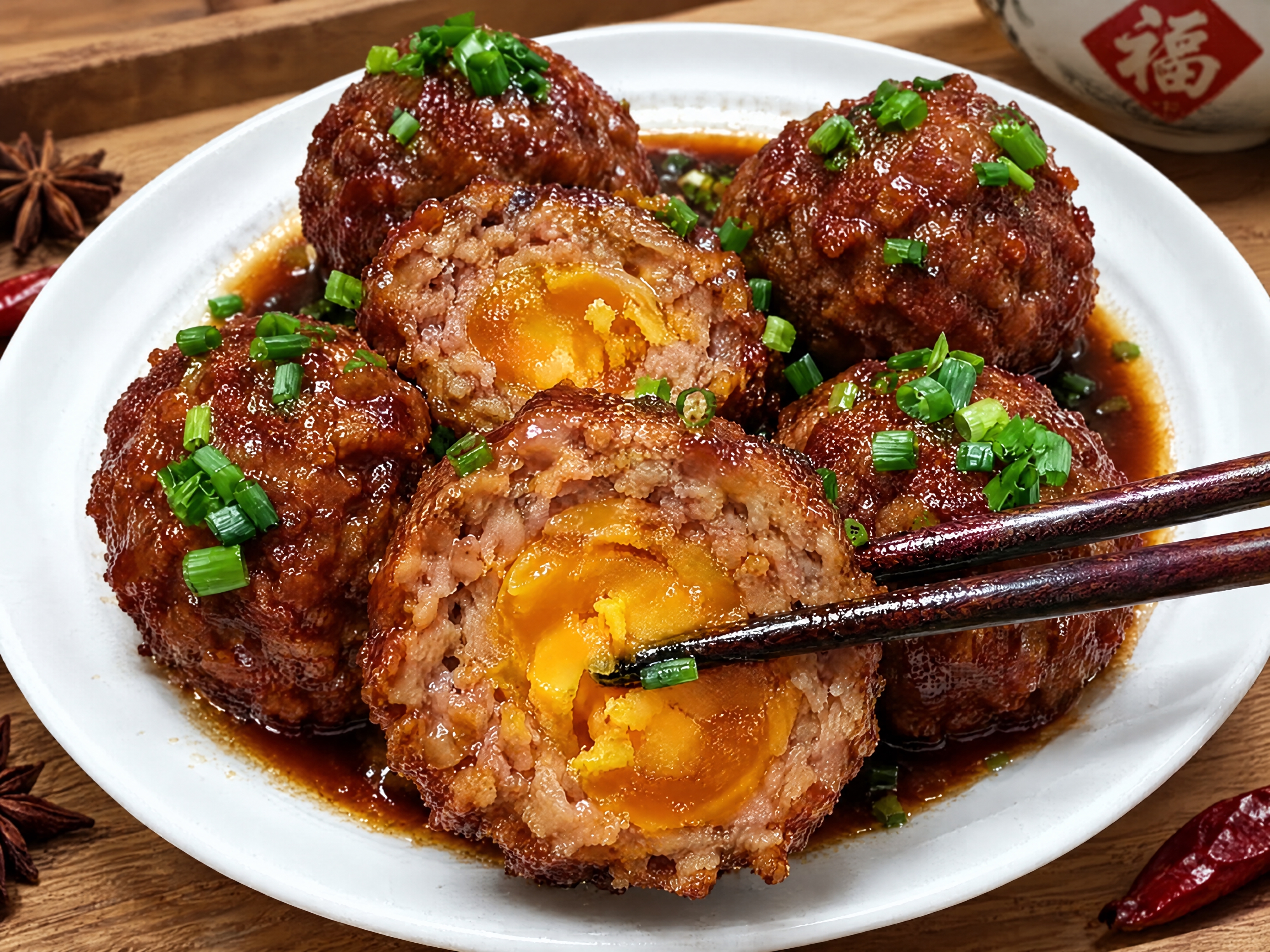 将碗里的卷煎全部替换为蛋黄狮子头（红烧大肉丸子，内部包有咸蛋黄… - 图片创意预览