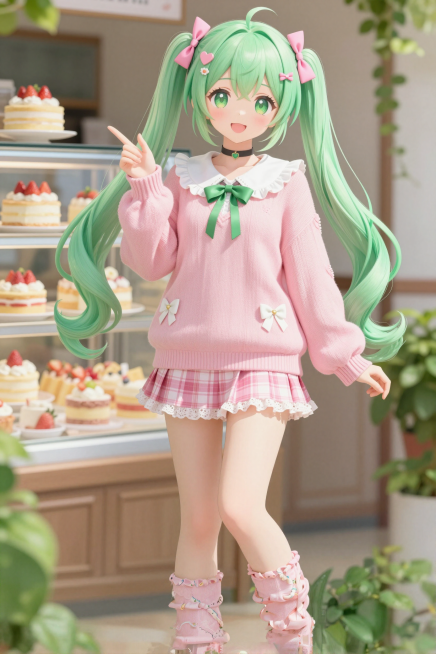 甜妹清新风二次元插画，初音未来主题，1:1精准复刻，主体为初音未来形象，渐变绿双马尾长发，发间点缀粉色蝴蝶结、爱心发夹与小花，发丝卷曲灵动，绿瞳清澈含笑，脸颊泛粉，神态温柔又俏皮。身着粉色宽松针织衫，预览效果