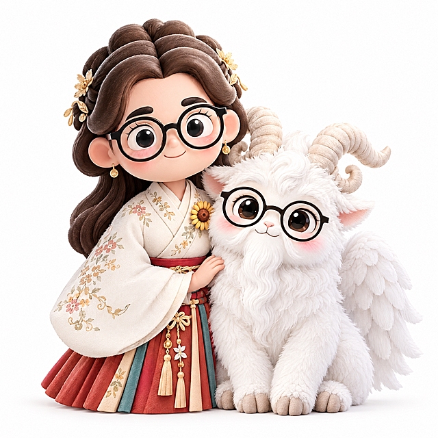 将参考图中的汉服女老师和白泽神兽组合成一个logo形象，两者风格统一为3D卡通Q版毛绒质感。汉服女老师戴着圆框眼镜，棕色长发配金色花饰，身穿白色绣花汉服和红裙，面带温柔微笑；她身旁依偎着一只Q版白泽神兽，通体雪白蓬松毛发、弯曲羊角、山羊胡须、白色翅膀，同样戴着小眼镜，表情睿智可爱。两者亲密地站在一起，老师的手轻轻搭在白泽身上，整体构图和谐紧凑，适合作为名著导读伴读的品牌logo，纯白背景，3D渲染，C4D风格，柔和光线，超高细节，IP组合形象