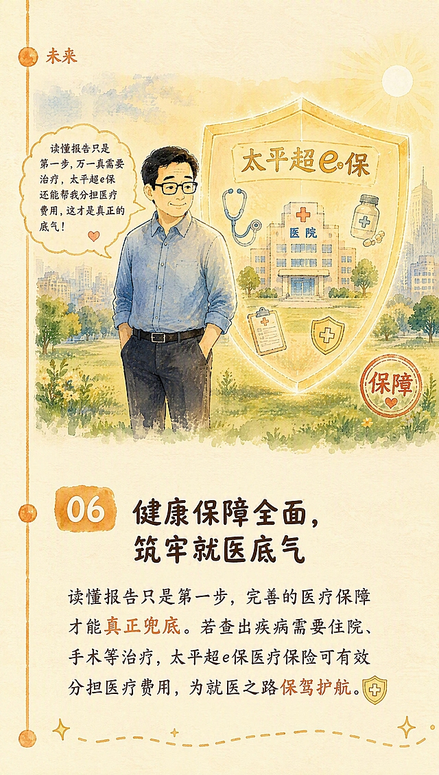 微信公众号长图推文第七段，温暖手绘绘本风格。米黄色纸张质感背景（#FFF8EC）。左侧边缘竖向手绘时间线延续，暖橙色圆形节点旁标注小字"未来"。段落内从上到下：时间线标签→手绘插图→文案文字。手绘插图：男士双手插兜站在草地上，表情从容自信，身后有一个巨大的发光盾牌，盾牌内写"太平超e保"大字，盾牌中浮现医院建筑（标有"医院"字样）、听诊器、药瓶、病历本、小盾牌等图标，右下角红色印章"保障"带爱心。男士旁气泡写"读懂报告只是第一步，万一真需要治疗，太平超e保还能帮我分担医疗费用，这才是真正的底气！"。插图下方文案：小标题暖橙色标签"06"，正文标题"健康保障全面，筑牢就医底气"加粗深棕色居左，正文"读懂报告只是第一步，完善的医疗保障才能真正兜底。若查出疾病需要住院、手术等治疗，太平超e保医疗保险可有效分担医疗费用，为就医之路保驾护航。"深棕色居左。"真正兜底"用暖橙色加粗。"保驾护航"旁配手绘小盾牌图标。所有文字（包括插画内气泡文字、盾牌文字、医院文字、印章文字、时间线标签）全部使用免费可商用字体，标题用站酷快乐体风格的免费商用手写圆润字体，正文用演示春风楷风格的免费商用手写楷书字体。左右边距各80px。底部暖橙色手绘细虚线分隔，小星点装饰。绝对禁止使用方正静蕾体等需商业授权的字体。