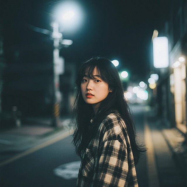 一个女生，街头，格子衫，长发