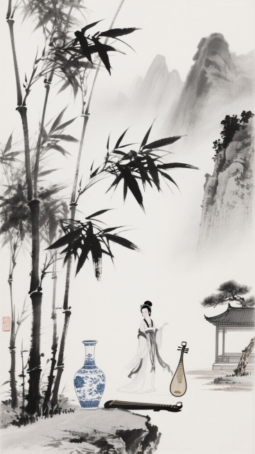 中国传统水墨画风格，以浓淡干湿变化的墨色绘制的竹枝竹叶，笔触洒脱写意，线条遒劲有力，留白巧妙意境悠远，融入古风元素如远山云雾、水墨山石、古典亭台、苍劲松柏、飘逸仕女衣袂、青花瓷瓶、古琴等不同背景内容，保持黑白灰层次分明的水墨韵味与空灵禅意的艺术氛围。预览效果