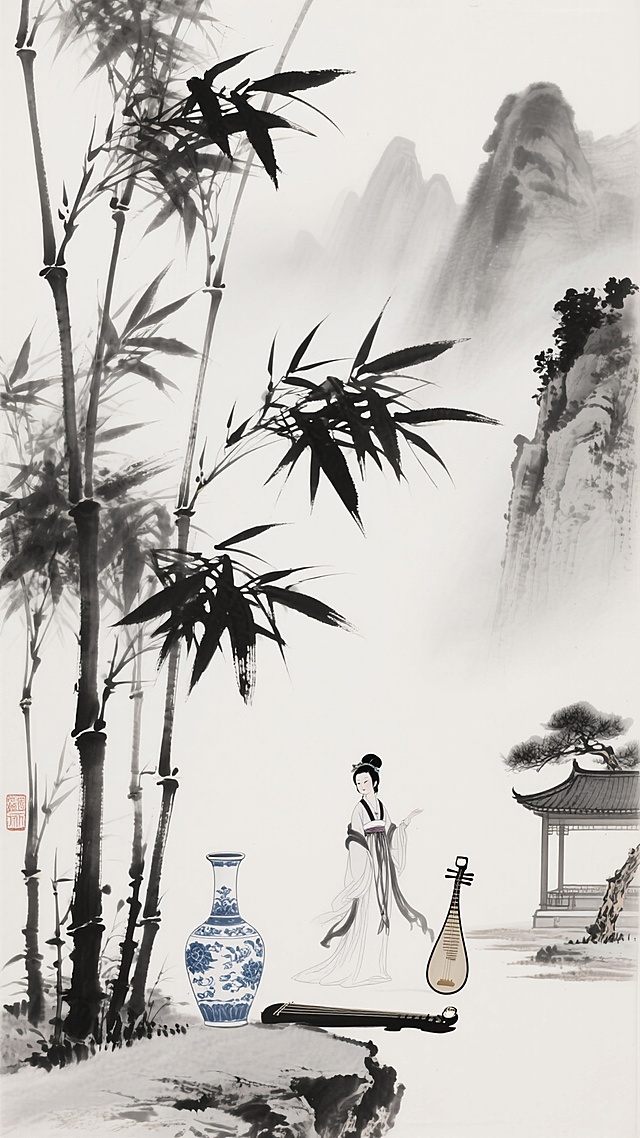 中国传统水墨画风格，以浓淡干湿变化的墨色绘制的竹枝竹叶，笔触洒脱写意，线条遒劲有力，留白巧妙意境悠远，融入古风元素如远山云雾、水墨山石、古典亭台、苍劲松柏、飘逸仕女衣袂、青花瓷瓶、古琴等不同背景内容，保持黑白灰层次分明的水墨韵味与空灵禅意的艺术氛围。