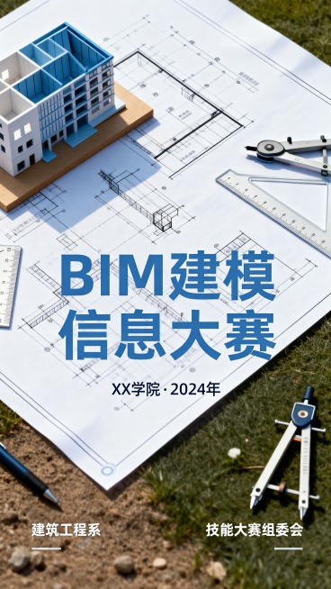 简约正式校园技能大赛高清平面海报，浅蓝白色系，干净清爽风格，融入建筑工程元素，主题是"BIM建模信息大赛"，排版工整，官方学院风预览效果