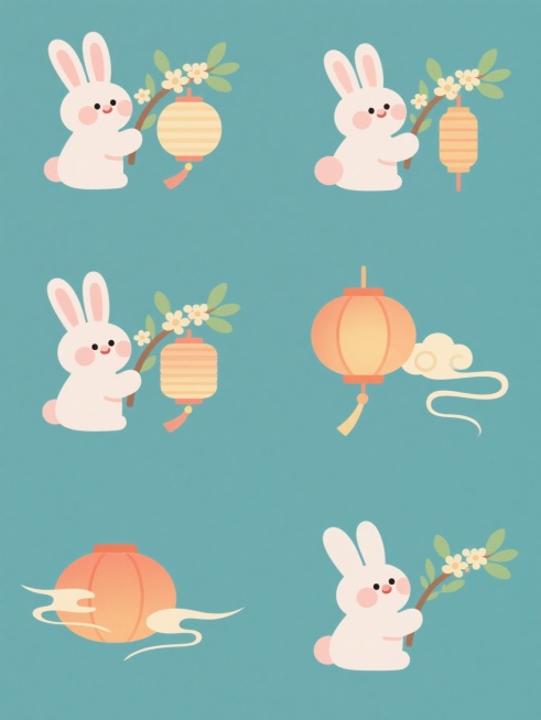 一套6张的系列素材集合，保持简约现代的扁平插画风格，每张素材均为规整排布的单一元素图案。整体采用纯色背景，无任何文字、logo及水印。画面主体为一只长耳朵的可爱卡通兔子，它正与一个带有桂花枝叶装饰的传统灯笼进行不同的互动设计，兔子和灯笼的造型圆润简洁，色彩明快柔和，搭配飘逸的飘带和祥云元素，营造出温馨和谐的氛围。预览效果