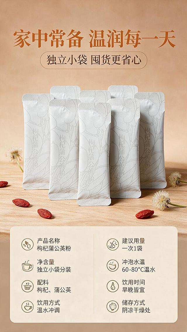 [第6屏] 详情页规格信息与囤货收尾-枸杞蒲公英粉产品参数+多袋陈列氛围。本屏使用【图1】作为产品外观参考，展示规格与囤货感。
[氛围/风格] 温润收尾氛围，囤货安心感，信息清晰规整，商业摄影质感。
[元素布局] 画面上半部分：多袋枸杞蒲公英粉整齐排列成3行，形成囤货陈列效果，约8-10袋，包装与【图1】一致，占比约45%；旁边点缀枸杞与蒲公英干花作为装饰。画面下半部分：左侧为产品规格信息区，右侧为食用建议区，信息清晰易读。背景为暖棕色渐变，底部有木质台面承托。
[光影质感] 顶部均匀柔光，产品阵列有层次光影，底部柔和投影，整体温暖厚重有分量感。
[配色色系] 全局底色 #D9B38C（暖棕）；主色深棕 #5C3A1E；辅助色米白 #F5EBDC、暖橘 #D4844A。
[视角构图] 上下结构，上产品阵列下信息区，阅读动线顶部产品→中部标题→底部规格信息。
[文字版式] 产品阵列上方主标题「家中常备 温润每一天」，温润宋体加粗大号；副标题「独立小袋 囤货更省心」，圆角黑体。下半部分左栏规格：「产品名称」「枸杞蒲公英粉」、「净含量」「独立小袋分装」、「配料」「枸杞、蒲公英」、「饮用方式」「温水冲调」；右栏食用建议：「建议用量」「一次1袋」、「冲泡水温」「60-80℃温水」、「饮用时间」「早晚皆宜」、「储存方式」「阴凉干燥处」。信息用图标+文字成对排列，字色深棕，标题暖橘高亮。
[比例分辨率] 9:16 竖版比例，1K分辨率，文字清晰可辨，高清画质。
[负向提示词] 包装变形，文字错乱，信息模糊，水印，极限词，医疗功效承诺。