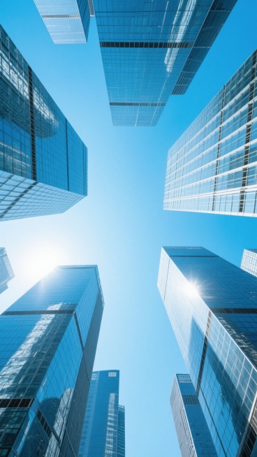 从低角度仰视拍摄的现代都市高楼建筑群，多栋玻璃幕墙摩天大楼向上延伸，玻璃表面反射着晴朗的蓝色天空和柔和的日光，呈现出清晰的网格状结构和金属框架细节，整体画面干净通透，色彩以蓝色和浅蓝色为主，光影效果自然，阳光从楼宇间斜射形成明亮的高光和渐变的阴影，构图采用对称与三分法结合，营造出开阔、现代、专业的氛围，适合作为背景素材使用，画面中无任何文字、LOGO、二维码及多余装饰元素。预览效果