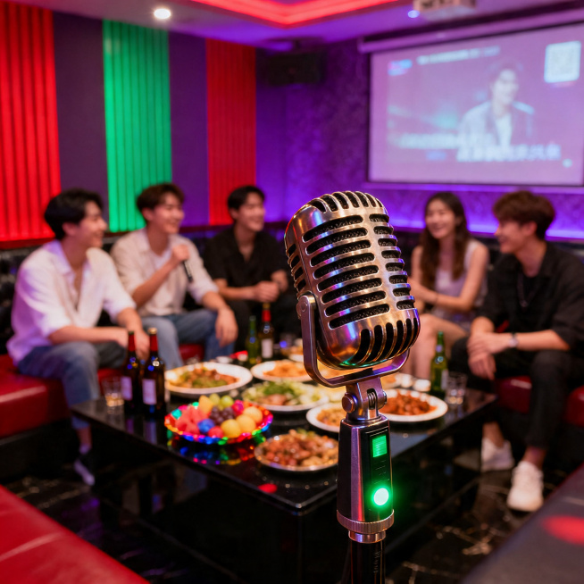 高端 KTV 包厢聚会场景，前景是复古金属质感麦克风特写，带有绿色指示灯，聚焦主体。背景是一群年轻人围坐在黑色茶几旁，桌上摆满美食、酒瓶与彩色果盘，氛围热闹。墙面装饰着红绿紫条纹与投影屏幕，暖光与霓虹预览效果