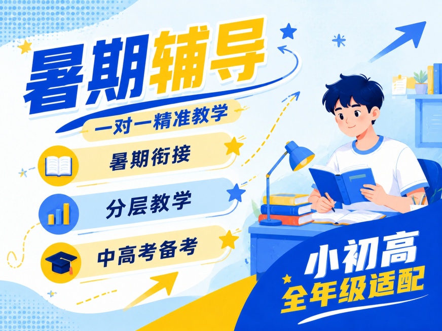 扁平插画风格教育培训海报，延续参考图蓝黄清新配色，带学生人物，比例4:3。保留参考图版式骨架：左上角大主标题蓝黄撞色写"暑期辅导"，副标题写"一对一精准教学"，中间三个竖向标签依次写"暑期衔接"、"分预览效果