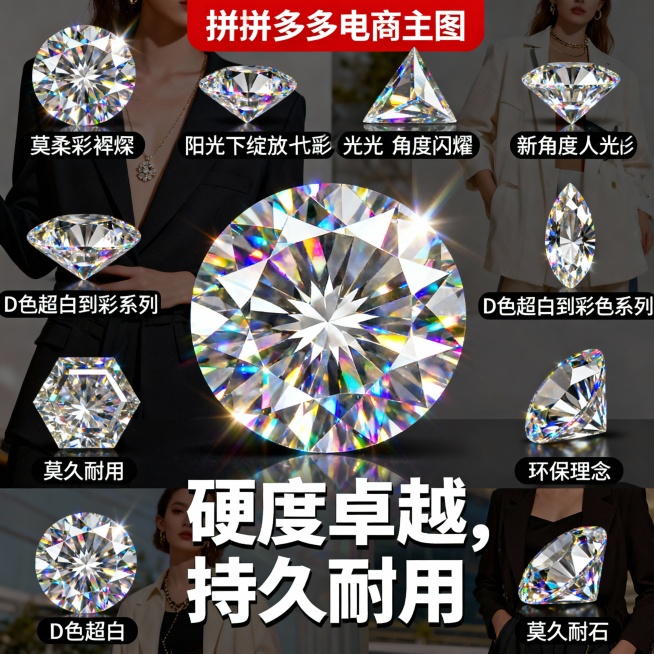 图片这款产品是莫桑石裸钻，我在拼多多卖这款产品，请以我提供的产品图片为主图主体设计20张相关的电商主图。
1.主图卖点： 火彩璀璨，闪耀夺目，在阳光下绽放七彩光芒，每一个角度都闪耀着迷人的光彩，让你成预览效果