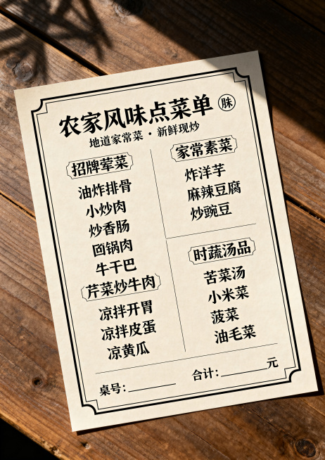 A4尺寸竖版点菜单，中式农家餐馆风格，搭配中式农家餐馆元素和菜品图片，简约现代米色背景，中式线条边框，黑色宋体菜品文字，分区排版清晰整洁，高清印刷画质，无水印，简约大气家常菜馆菜单，自然光质感，平面俯预览效果