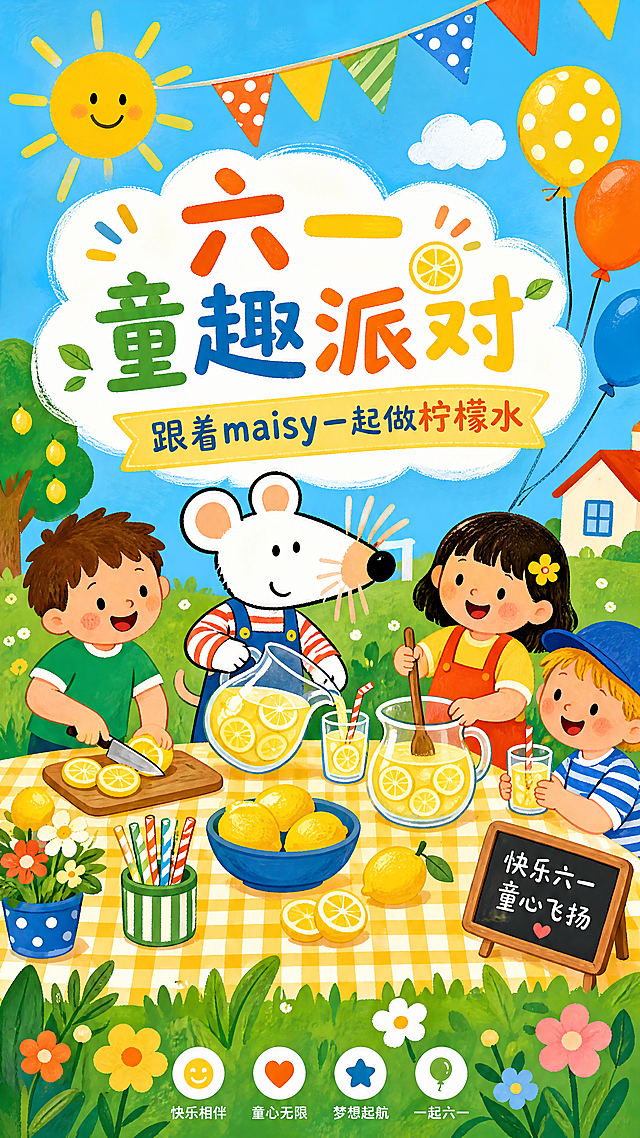六一儿童节主题海报，主题是跟着小鼠波波maisy一起做柠檬水，来自绘本Maisy makes lemonade。卡通风格，画面包含小鼠波波masiy卡通人物元素，展示制作柠檬水的快乐场景，海报包含文字“六一童趣派对 跟着maisy一起做柠檬水”，整体色彩明亮活泼，充满童趣。