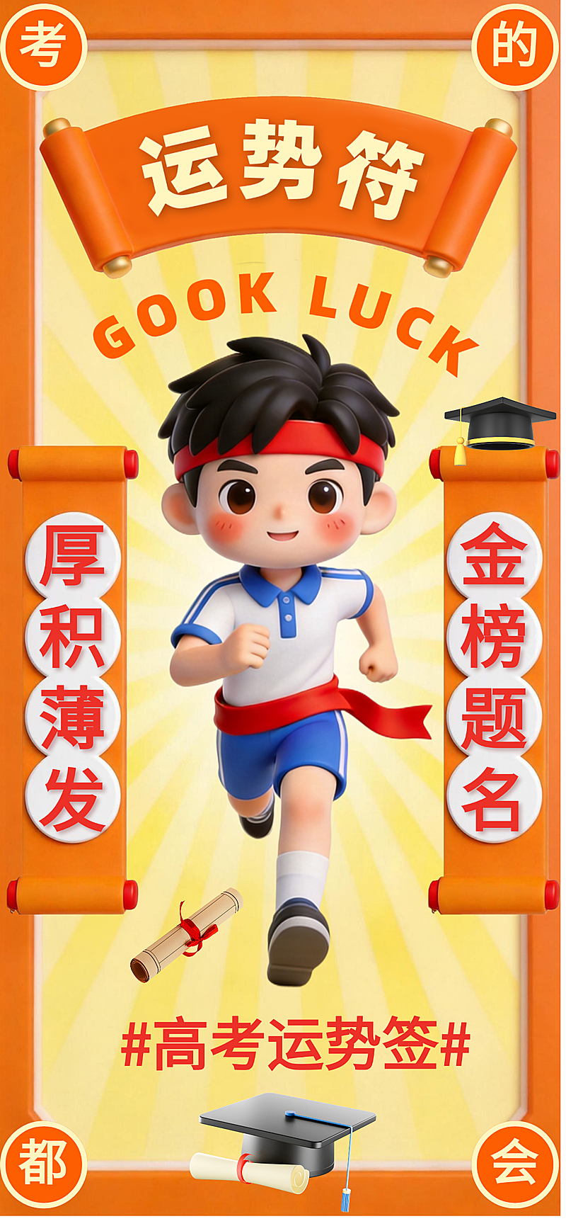 高考加油祝福卡通国潮风通用全屏竖版海报