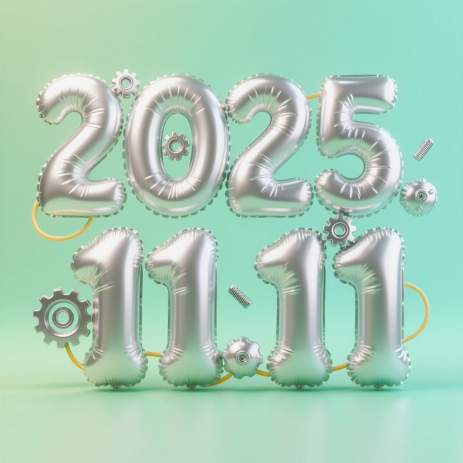 2025.11.11字样由气球组成，银色气球，浅绿色背景，工业风设计，线条运用活泼，整体闪亮，采用极简风格与孟菲斯风格，融入机械风设计元素。预览效果