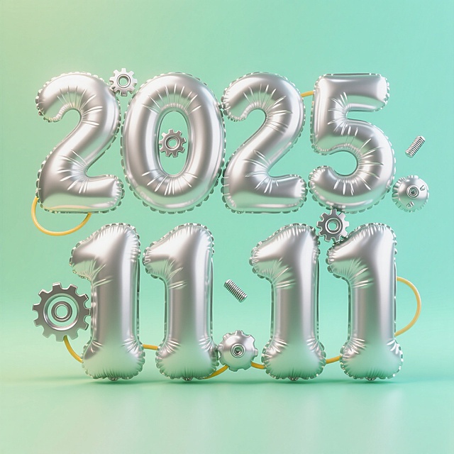 银色充气 “2025.11.11” 数字，搭配齿轮元素，营造科技感双 11 氛围