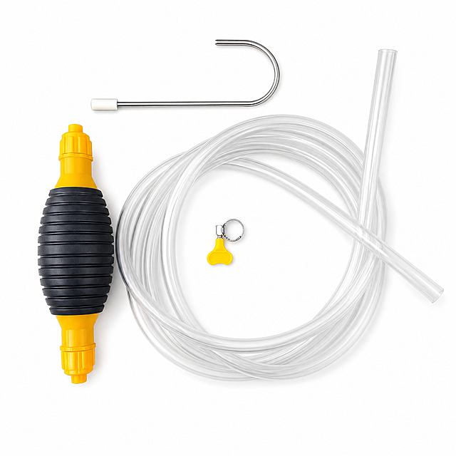 产品精修，产品置于纯白背景上，专业商业棚拍光，5500K标准中性白光，轮廓光，体积光，曝光正确，强烈真实立体感，提升商品洁净度和商业新品感，清除旧痕、灰暗、脏斑和不均匀色块，保留原图颜色，颜色以输入图为唯一参考，分段部件颜色边界按原图锁定，锁定原图五金商品的外轮廓、朝向、可见面、比例、孔位、部件数量、连接关系和功能结构，禁止新增/删除零件、补全不可见背面、改变结构关系或重绘成其他五金商品，黑色挤压球：橡胶质感真实，低反光，厚度和边缘按原图保留；透明软管：透明塑胶/亚克力/PC质感，折射边线清晰，透明层次自然；金属挂钩：光面金属质感按原图锁定，高光边线清晰，反射干净但不过度镜面化；黄色塑料接头：亮面塑料质感，高光明确，曲面反光顺滑，接地处保留干净浅淡的自然接触阴影，严禁大片投影、脏灰阴影和悬浮感，主体居中，商品完整入画不裁切，多品或套装整体算一组，商品外轮廓视觉体量约画面60%-80%，四边均匀留白约10%-20%，严禁满幅铺满与贴边顶满，极致超清画质，细节清晰锐利，4K分辨率，商业级实拍质感，保留原图真实材质与结构细节，正视图，严格保持原图透视，严禁扶正，严禁镜像翻转，比例1:1