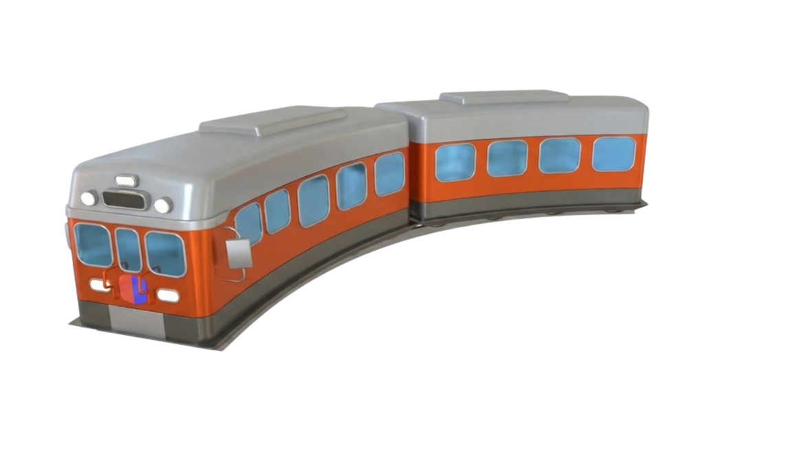 保持现有橙红色3D质感火车，让火车车身整体稍微弯曲，呈现弧形环绕效果预览效果