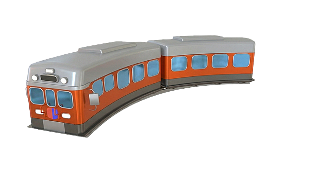 保持现有橙红色3D质感火车，让火车车身整体稍微弯曲，呈现弧形环绕效果