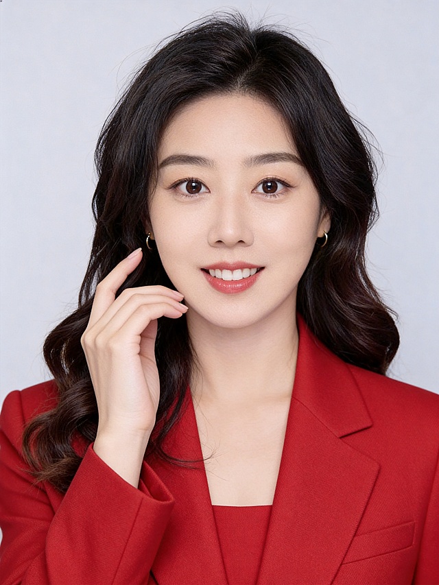 参考图中保留人物脸型、发型、年龄等特征生成职场形象照，保持人物不变，更换为红色精纺羊毛混纺西装外套，西裤同色，更换不同手势和姿势，保留耳环，简约微微暖调浅灰色纯色背景，画质超高分辨率、细节清晰，现代精致感风格；肤质精细化处理；眼神直视镜头，目光坚定且澄澈，表情自然，嘴角上扬；肤色均匀，柔光美白细腻陶瓷肌肤，哑光肤质，肤色均匀提亮；杰作，最佳画质，超高细节，写实摄影，中近景人像，皮肤细腻通透，白皙清透皮肤，柔光，正面补光，画面干净清新，高清皮肤细节；面部光比1:1.5，4800K中性光，微微修饰脸型，肤质哑光细腻，面部雾面柔光，轻透裸肌感，真实毛孔纹理；分辨率4K，严格保留原人物特征