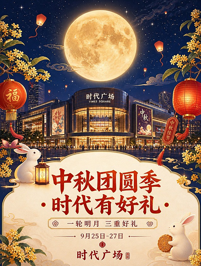 [商品] 无实物商品，为时代广场中秋活动宣传长图第1张（头图KV）。
[画面] 页面目标：营造中秋团圆节日氛围，亮出活动主题与时间，作为整套长图开篇。构图：竖版上下结构，上方一轮硕大明亮的满月悬于深蓝夜空，月光柔和洒下；中部为时代广场建筑剪影或商场入口夜景，灯笼、玉兔、桂花等中秋元素点缀；下方留白放置主标题与活动信息。主体占比：月亮+建筑约占画面60%，文字区占40%。景别：远景建筑+中景月亮+前景装饰元素。阅读动线：从上至下，先见明月再读标题。前中后景：夜空星点/孔明灯（后）、满月与建筑（中）、桂花枝/灯笼/玉兔（前）。
[视觉] 套系策略：风格=新中式国潮商业插画，温馨喜庆中秋氛围；标题字=书法宋体粗体，带毛笔笔锋；正文字=简洁无衬线圆体；主色=朱砂红+暖金+深蓝夜空；背景延展=基于深蓝夜空做渐变层次，点缀暖金色星光、孔明灯、云纹；强调色=暖金色，仅用于月亮光晕、标题描边、图标点缀、分割线；标题色=朱砂红+暖金渐变；正文色=米白色；组件=圆角云纹信息卡、金色细线分割、中式印章/灯笼装饰；光影=月光自上而下暖柔光，建筑底部暖黄灯光，整体通透有层次。
[文字] 居中大主标题"中秋团圆季·时代有好礼"，副标题"一轮明月 三重好礼"，下方小字活动时间"9月25日-27日"，底部"时代广场"品牌名。文字区位于画面下半部，不遮挡月亮主体。
[规格] 图片比例3:4竖版（小红书封面尺寸），分辨率4K，负向提示：避免变形、错字、文字过小、冷灰色调、现代极简风格、西方节日元素、杂乱构图。