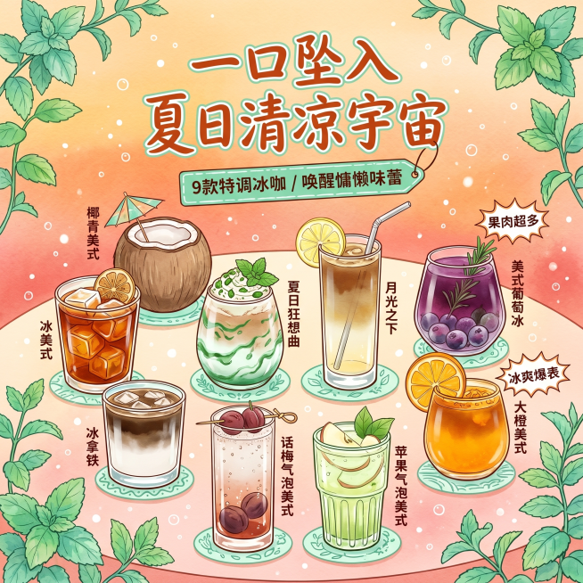 夏日饮品菜单海报，方案主题：落日冰滴与薄荷海风，主标题"一口坠入 夏日清凉宇宙"，副标题"9款特调冰咖 / 唤醒慵懒味蕾"。背景底色（占60%）为从上到下的橘子汽水渐变，由淡橙黄过渡到暖橘橙再到底部的预览效果