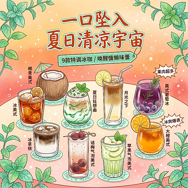 夏日饮品菜单海报，方案主题：落日冰滴与薄荷海风，主标题"一口坠入 夏日清凉宇宙"，副标题"9款特调冰咖 / 唤醒慵懒味蕾"。背景底色（占60%）为从上到下的橘子汽水渐变，由淡橙黄过渡到暖橘橙再到底部的胭脂粉，模拟落日余晖，使用水彩晕染保留纸张纹理感。辅助元素色（占30%）为薄荷曼波色系，包括薄荷绿、牛油果绿、海泡沫绿，用于绘制薄荷叶、藤蔓、海浪纹、气泡和饮品杯垫。点缀色（占10%）为高光白和深咖棕，高光白表现冰块通透感，深咖棕用于描边。构图采用俯视圆桌环形布局，视觉中心C位放置"夏日狂想曲（薄荷拿铁）"和"月光之下（小柠咖）"，左侧对称陈列深色系冰美式、冰拿铁，右侧陈列果味系美式葡萄冰、大橙美式，前景放置话梅气泡美式和苹果气泡美式，重点描绘气泡升腾感，后景虚化抬高放置椰青美式。所有杯子底部都画上薄荷绿色手绘涂鸦杯垫统一视觉。9款饮品细节：冰美式：透明玻璃杯，深琥珀色液体，夸张方形大冰块，点缀一小片柠檬干；冰拿铁：厚壁矮杯，明显黑白分层，无点缀；月光之下：高直筒杯，黄柠檬片挂杯壁，下层透明上层浅咖，点缀银色吸管；夏日狂想曲：胖胖杯，螺旋状薄荷糖浆挂壁，奶油顶洒碎薄荷，点缀鲜绿薄荷叶；美式葡萄冰：广口杯，深紫色，杯底可见整颗冰冻葡萄，点缀迷迭香枝；椰青美式：原只椰子壳碗装，白色椰肉边，点缀小纸伞；大橙美式：矮胖圆杯，鲜橙色，杯口卡半片厚切橙子，点缀橙皮碎屑；话梅气泡美式：细长杯，杯底沉着两颗棕褐色话梅，气泡往上冒，点缀竹签串话梅；苹果气泡美式：棱纹杯，淡青绿色，可见青苹果切片浮于表面，点缀苹果叶片。手绘风格：使用中等粗细的深棕色或深橘色线条描边，不用黑色；冰块不涂实，留出大面积白色高光，用蓝色线条轻微勾勒边缘；画面四个角落画上肆意生长的曼波绿薄荷叶，叶片伸进画面增加动感；橘子色背景上用白色高光画出无数微小圆形气泡和光斑，模拟夏日波光粼粼。文字排版：主标题使用手写花体字，颜色为深橘红，薄荷绿底色描边；副标题使用复古手写体，写在薄荷曼波色色块标签上，贴在画面角落；在美式葡萄冰和大橙美式旁边画爆炸贴，手写"果肉超多"和"冰爽爆表"。整体要求：颜色控制为橙色、绿色、棕色，无多余杂色；饮品高低错落；用绿色藤蔓引导视线从左上角到右下角；留出30%背景留白保持透气感，手绘水彩风格，高级夏日氛围