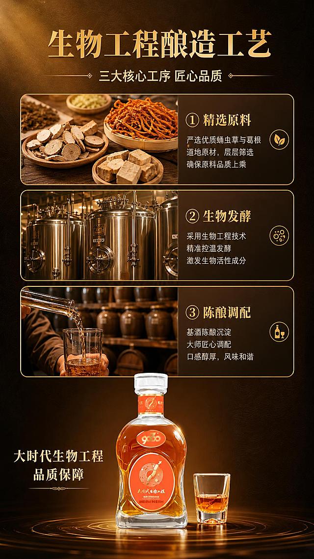 [商品] 使用【图1】9060蛹虫草葛根配制酒，置于画面底部中央作为成品展示，约占画面25%；保留瓶身结构、橙红标签、金色Logo和文字。
[画面] 目标：工艺品质页，展示生物工程酿造三大核心工艺。构图：上方大标题，中部3张纵向工艺图竖排（从上到下依次排列），底部产品瓶展示。3张工艺图分别为：原料精选（原料筛选场景）、生物发酵（酿造发酵罐示意）、陈酿调配（酒液调配场景）；每张工艺图下方配金色标签条。整体为竖版信息流阅读动线，从上至下递进。
[视觉] 套系策略：风格=高端轻奢商业摄影风；标题字=粗衬线宋体+烫金字效；正文字=简洁无衬线体；主色=暖金+橙红+深棕；背景延展=深棕底色叠加暖金色光晕渐变、细腻暗纹质感；强调色=亮金色，仅用于小面积图标、引线、标签和高光；标题色=烫金渐变；正文色=米白暖灰；组件=圆角金线信息卡、细金引线；光影=左前侧暖柔光，右侧轮廓光，瓶身有明显高光反射。
[文字] 顶部主标题"生物工程酿造工艺"，副标题"三大核心工序 匠心品质"；3张工艺图分别配文：「① 精选原料」「② 生物发酵」「③ 陈酿调配」，每张图下方一行简短说明；底部产品旁配文"大时代生物工程 品质保障"；全部文字横排。
[规格] 图片比例9:16竖版，4K，负向提示：避免变形、错字、文字过小、冷蓝背景、工业感过重、瓶身文字错乱。