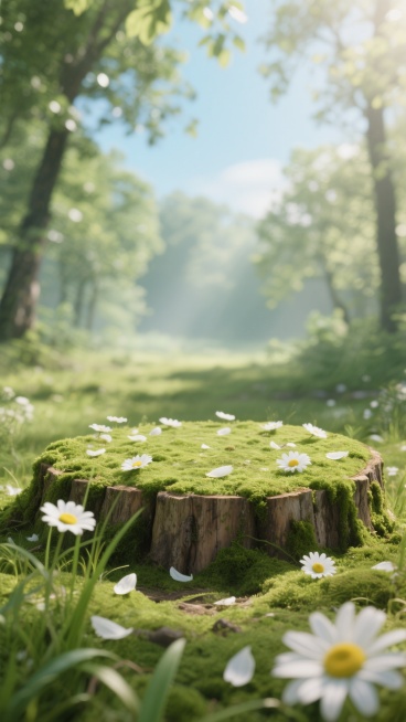 超写实风格微距摄影，阳光明媚的夏日清晨林间空地，圆形树桩截面平台置于茂密嫩绿苔藓上，散落着白色雏菊和花瓣，柔和的顶光透过树叶形成斑驳光影，背景虚化呈现浅蓝天空与绿色枝叶，整体色调清新明快，充满自然生机与宁静氛围，景深控制精准，前景草叶和花瓣边缘锐利，背景朦胧梦幻，木质纹理清晰可见，苔藓质感细腻，光线柔和温暖，营造出童话般的自然微景观。预览效果