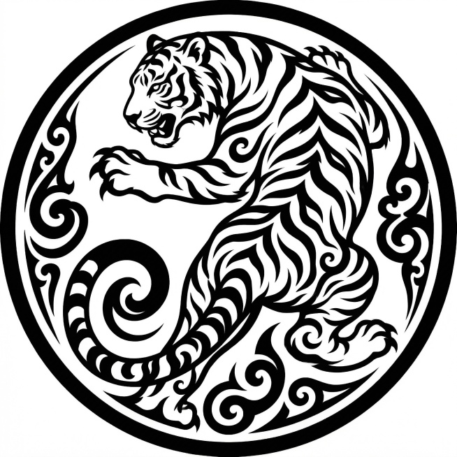 按照参考图片的风格，生成四圣兽中的白虎，黑色图腾风格，圆形构图，纯黑白剪影，带有传统卷曲纹样装饰，白虎在圆形边框内，纹身图腾风格，线条硬朗流畅预览效果