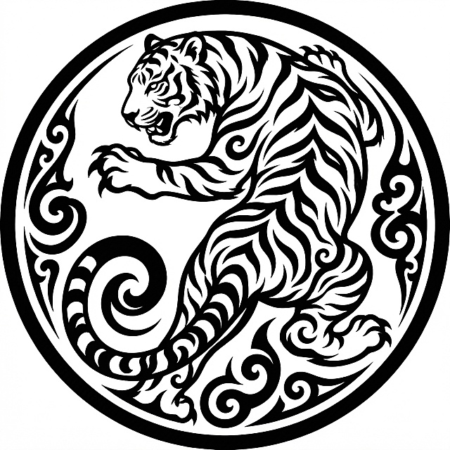 按照参考图片的风格，生成四圣兽中的白虎，黑色图腾风格，圆形构图，纯黑白剪影，带有传统卷曲纹样装饰，白虎在圆形边框内，纹身图腾风格，线条硬朗流畅