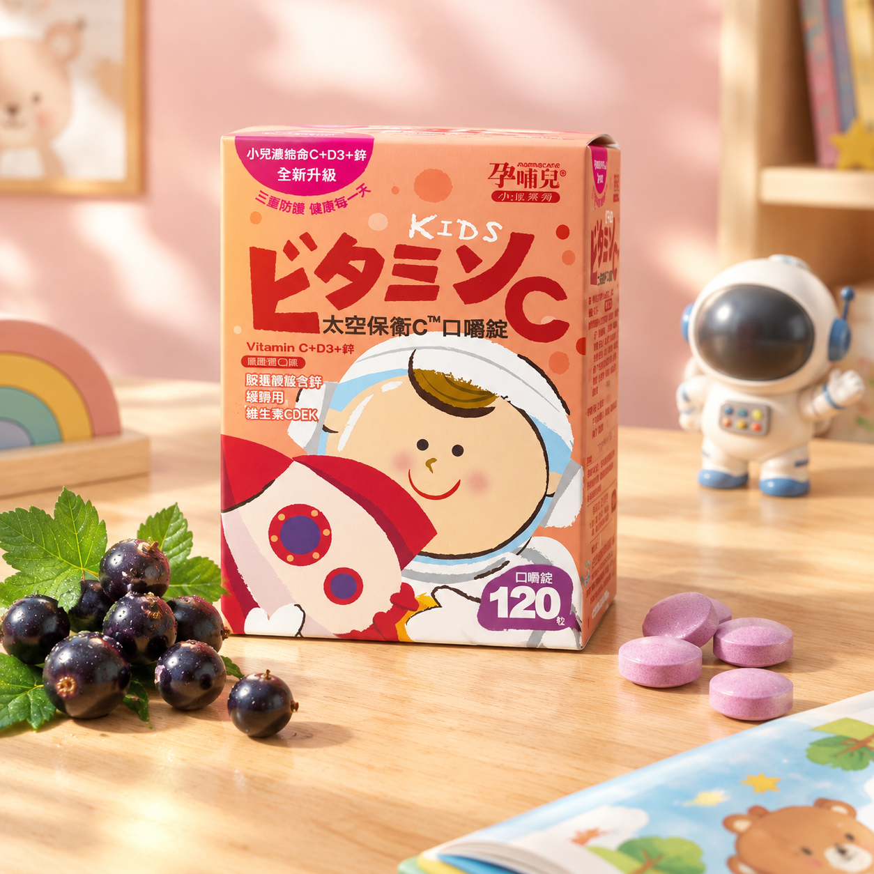 超写实商业产品摄影。 主体：儿童维生素C咀嚼片包装盒严格参照上… - 图片创意预览