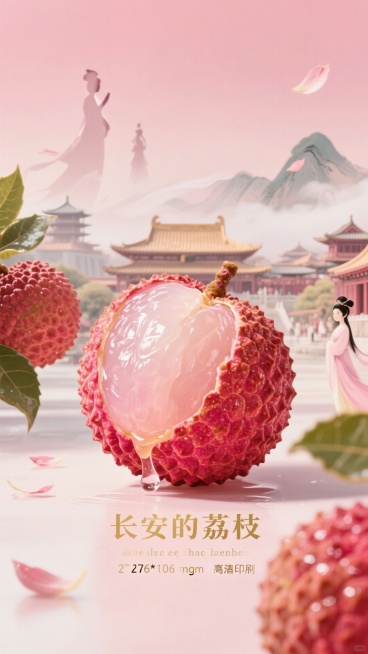 岩彩画，古风，立体层次感，国风插画，传统色彩。干净的红色纹理背景，画面中间被一个巨大的荔枝占满，荔枝被撕开一个小口，里面的果肉饱满，有汁水附着在果肉上，背景是繁华的古代长安城，晕开的笔墨触感，画面大面预览效果