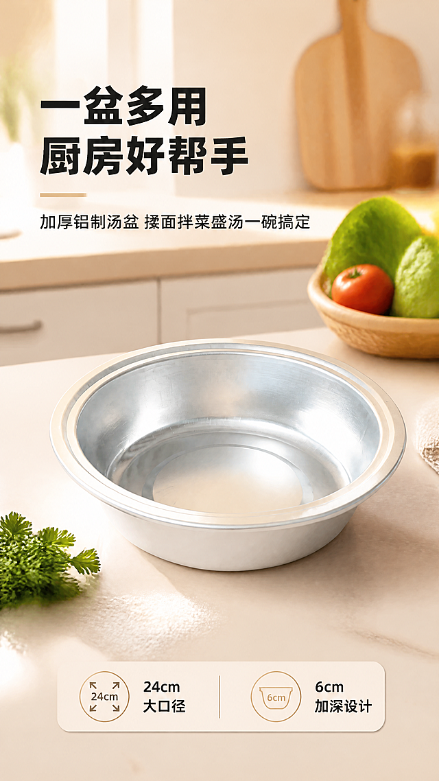 [第1张] 详情页头图-加厚铝制汤盆主视觉海报。本张使用【图1】作为商品主体。
[氛围/风格] 温馨厨房实景风，暖调自然光，干净整洁的现代厨房背景，商业摄影质感，高级家居感。
[元素布局] 铝盆置于画面中央偏右位置，占比约60%，45°斜侧视角展示全貌；左侧为浅色大理石台面，背景虚化的厨房橱柜、木质砧板、新鲜蔬菜点缀；铝盆保持银色金属质感，加厚卷边清晰可见，盆内干净光亮；前景可放一小束香草或面粉示意家用氛围。产品物理结构、比例轮廓、材质颜色与输入产品图一致。
[光影质感] 左上方柔和自然光，右侧辅光补亮盆内反光自然，盆边高光清晰，底部柔和投影，整体明亮温暖。
[配色色系] 全局底色 #FFF5E6（暖米白）；主色银色金属铝本色；辅助色暖木色、浅绿蔬菜点缀。
[视角构图] 45°微俯视，产品为视觉中心，阅读动线左上标题 → 中央产品 → 底部信息条。
[文字版式] 左上标题区 + 中央产品 + 底部信息条。主标题「一盆多用 厨房好帮手」，副标题「加厚铝制汤盆 揉面拌菜盛汤一碗搞定」，黑体加粗左对齐；底部信息条标注「24cm大口径 · 6cm加深设计」；文字不遮挡盆身。
[比例分辨率] 9:16竖版比例，4K分辨率，文字清晰可辨，高清画质。
[负向提示词] 盆身变形，缺件错件，颜色偏差，水印，文字错乱，产品图模糊，背景杂乱，文字过小。