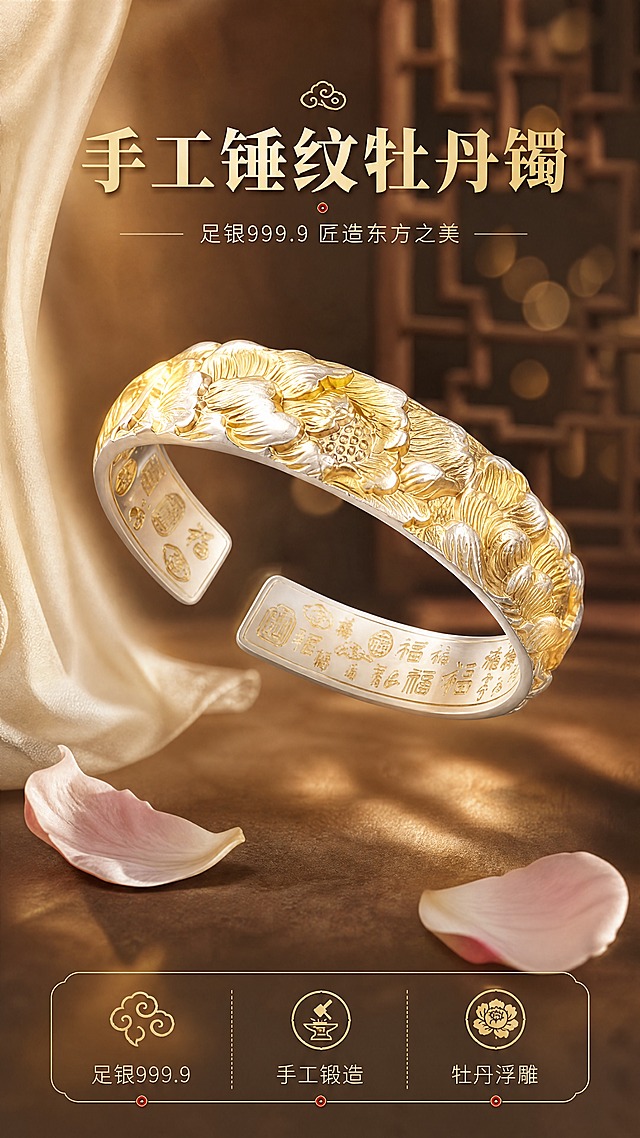 [商品] 使用【图2】足银手工锤纹牡丹开口手镯；保留开口C型结构、金色牡丹浮雕锤纹、银色镯身基底、内壁百福刻字、整体比例与材质质感；增强金属光泽与浮雕立体感，清晰呈现牡丹花瓣层次与锤纹肌理。
[画面] 目标：第1张氛围头图，打造东方雅致新中式轻奢第一印象。构图：竖版9:16，手镯位于画面中上部，占画面约55%，斜45度优雅悬浮展示；前景飘落两片真实牡丹花瓣，中景手镯主体，后景为虚化的深木色新中式屏风与暖金色光斑，左侧垂落一缕米白色丝绸。阅读动线：从上至下，顶部留白放主标题，中部产品主体，底部放副标题与短卖点条。
[视觉] 套系策略：风格=东方新中式轻奢商业摄影；标题字=宋体衬线粗体（雅致厚重）；正文字=现代简洁无衬线体；主色=暖金+米白+深木棕；背景延展=基于暖金与深木棕做深浅渐变、同色晕染和细腻丝绸/宣纸质感；强调色=朱砂红，仅用于小面积图标、引线和标签点缀；标题色=暖金色；正文色=深棕灰；组件=圆角金线信息卡、细金线引线、祥云纹小图标；光影=左前侧暖柔光，右侧补弱光，金属表面形成柔和高光带，底部有自然投影。
[文字] 顶部居中主标题「手工锤纹牡丹镯」，副标题「足银999.9 匠造东方之美」；底部横向排列3个短卖点图标+文字：「足银999.9」「手工锻造」「牡丹浮雕」。文字不遮挡手镯主体牡丹花纹核心区域。
[规格] 图片比例9:16竖版，4K分辨率，负向提示：避免变形、错字、文字过小、冷蓝色调、塑料质感、手镯结构改变、牡丹花纹模糊、背景杂乱、二维码、水印、绝对化用语。