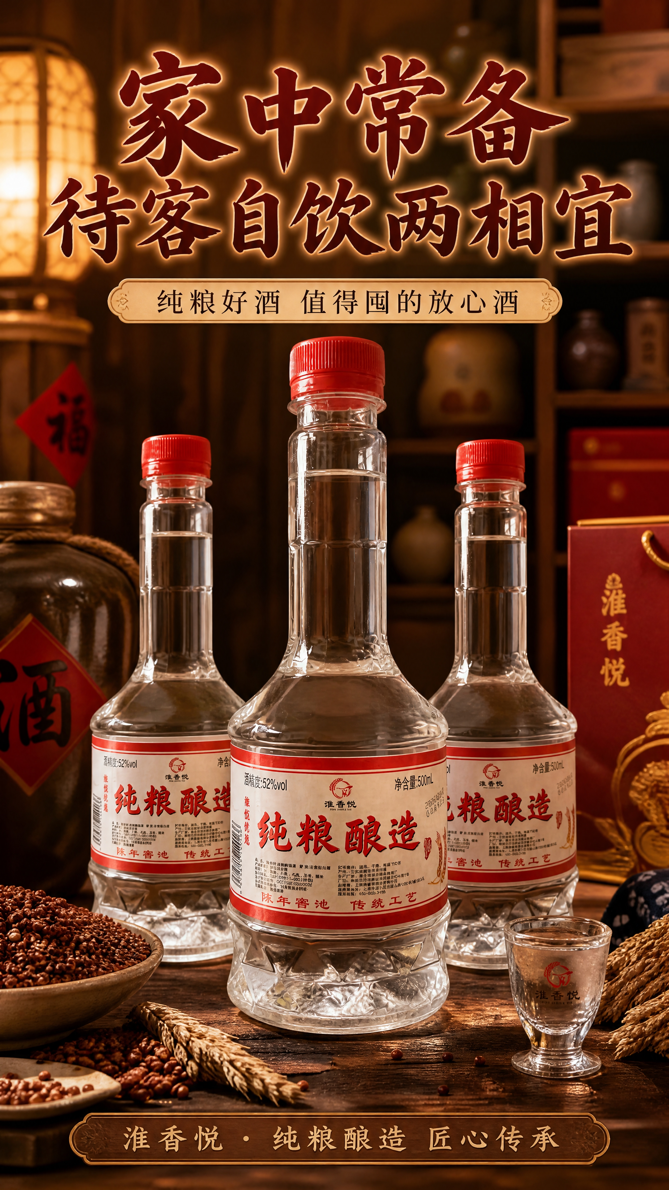 [商品] 使用【图1】淮香悦纯粮酿造白酒瓶；保留瓶身与标签原貌… - 图片创意预览