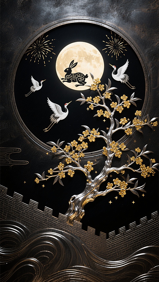 宏大的画面，细腻金属质感，云南非遗“乌铜走银”技艺美学，深邃如夜的乌铜基底，流淌着熔融状态的璀璨鎏金银丝，如同夜空中绽放的无声焰火。