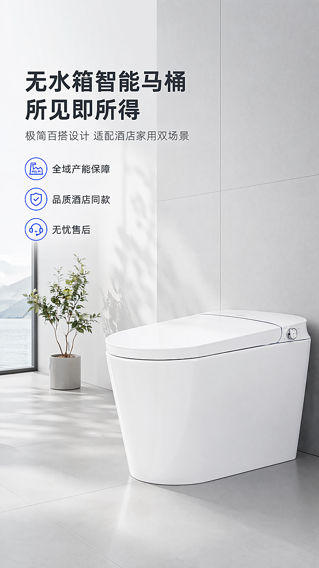 [第4屏] 本屏功能定义：安华无水箱简约智能马桶产品主视觉头图，展示产品全貌于现代简约卫浴空间中。
[氛围/风格] 现代极简卫浴空间风格，干净通透，高级质感，柔和明亮自然光，商业摄影质感。
[元素布局] 左侧三分之一区域为文案区，放置主标题、副标题和三个核心亮点；右侧三分之二区域放置智能马桶产品主体，产品放置在现代简约卫生间干区，浅灰色瓷砖墙面，地面为同色系哑光砖，角落可放置一小盆绿色绿植作为点缀，保持产品外观、颜色、结构与【图2】一致。
[光影质感] 左侧柔和主光从窗户射入，照亮马桶整体轮廓和陶瓷釉面，右侧形成自然柔和阴影，陶瓷高光干净通透，整体明暗层次清晰，产品质感突出。
[配色色系] 全局底色：#F8F9FA（浅灰白）；墙面浅灰：#E9ECEF；产品主体：#FFFFFF（纯白陶瓷）；标题文字：#212529（深灰）；亮点图标蓝色：#165DFF。
[视角构图] 竖向9:16构图，左文右图结构，产品主体占据右侧约65%画面，居中放置，产品比例自然不拉伸不变形。
[文字版式] 左上区域主标题「无水箱智能马桶 所见即所得」深灰色加粗，左对齐，字号为画面宽度7%；主标题下方副标题「极简百搭设计 适配酒店家用双场景」灰色，字号约为主标题40%；副标题下方排列三个核心亮点图标加文字，每个亮点：蓝色小图标+短句「全域产能保障」「品质酒店同款」「无忧售后」，左对齐，每行短句约6-8字，文字清晰不拥挤。
[比例分辨率] 9:16竖版比例，4K分辨率，文字清晰可辨。
[负向提示词] 马桶变形，结构错误，颜色偏差，陶瓷发黄，水印，文字错乱，背景杂乱，缺件错件