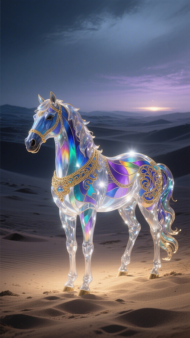 玻璃画风与鎏金装饰交织，3D光影下梦幻马匹立于沙漠，唯美感与未来感交融，呈现虚拟自然的奢华优雅。