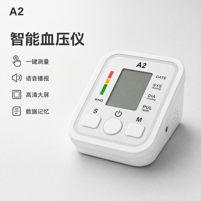 [主图-1] 智能电子血压仪产品首图
[氛围风格] 专业医疗简约风格
[画质] 商业摄影质感、光线柔和通透、产品清晰真实、画面干净高级。保持血压仪主机外观（物理结构、材质质感、颜色）与输入产品图绝对一预览效果